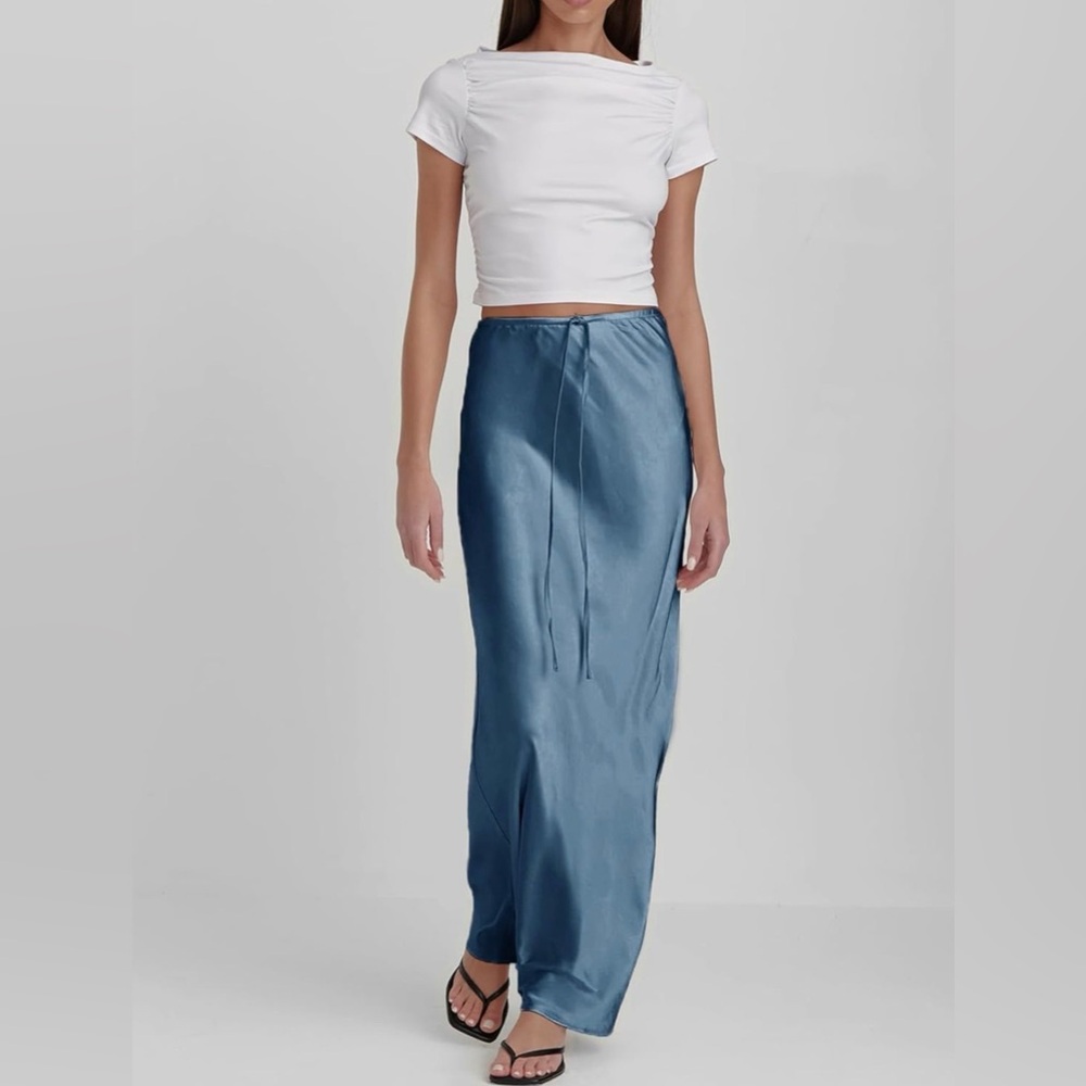 Amazon Dusty Blue Satin Slip Maxi Skirt with Drawstring Waist
